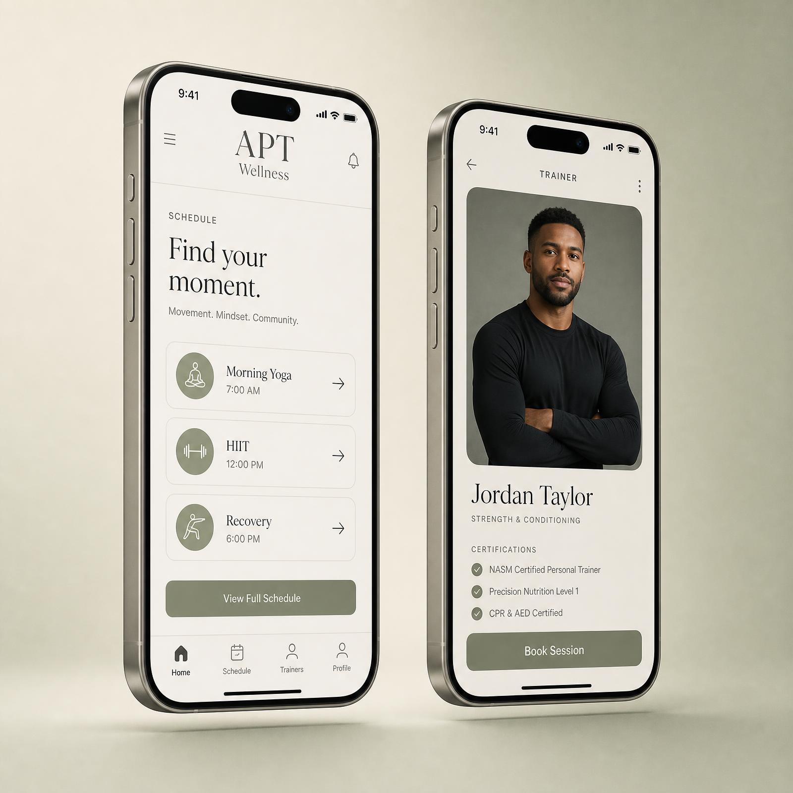 APT Wellness resident app displayed on two iPhone 15 Pro devices