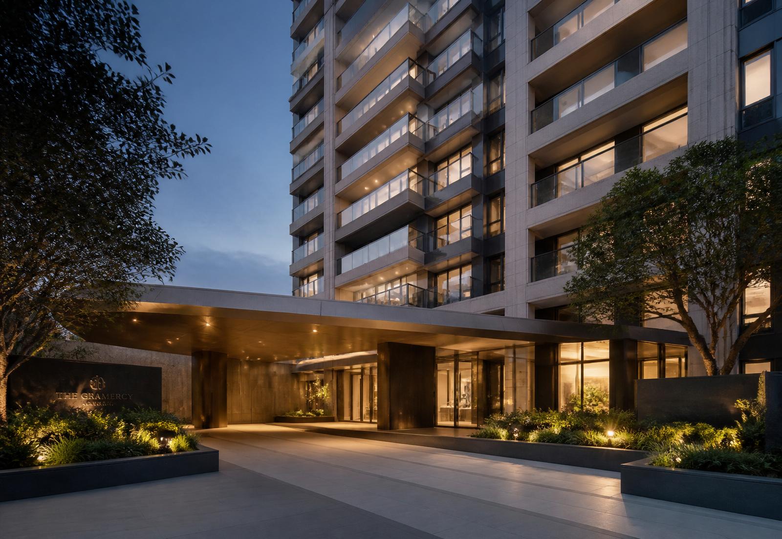Luxury high-rise apartment community at twilight