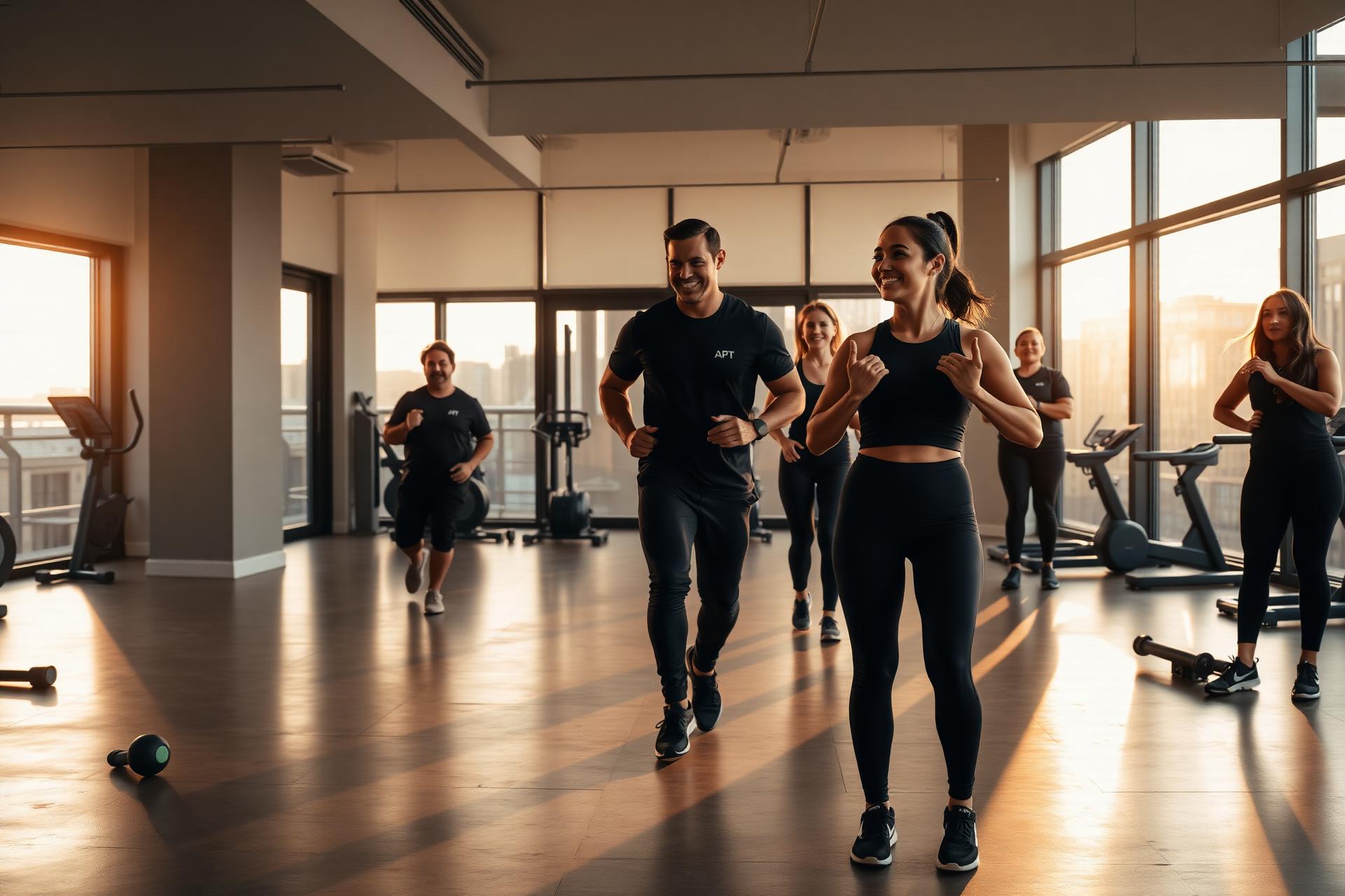 Certified APT Wellness trainer in all-black apparel leading a group class in a light-filled luxury apartment fitness studio