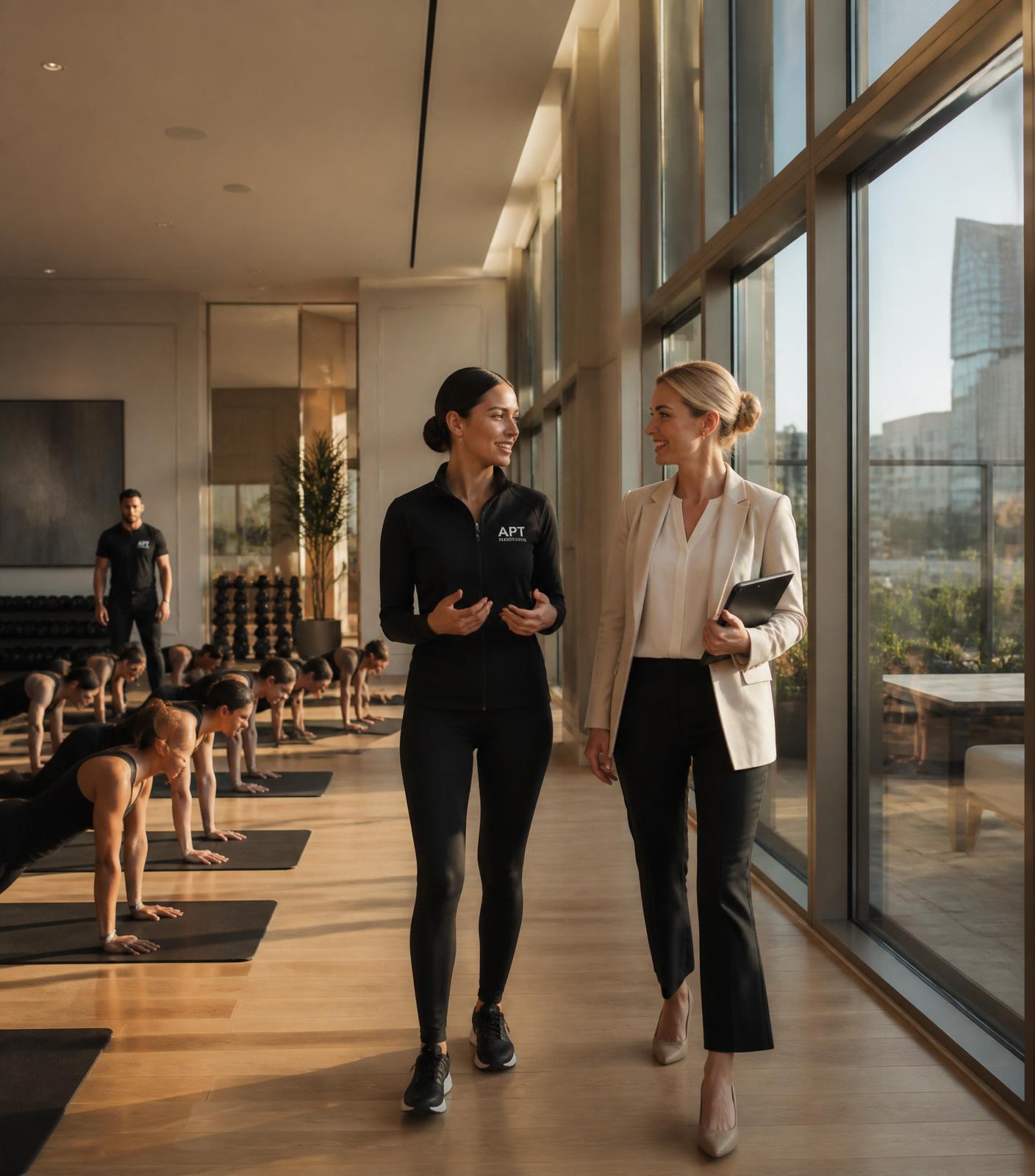 APT Wellness trainer greeting a resident in a luxury apartment lobby