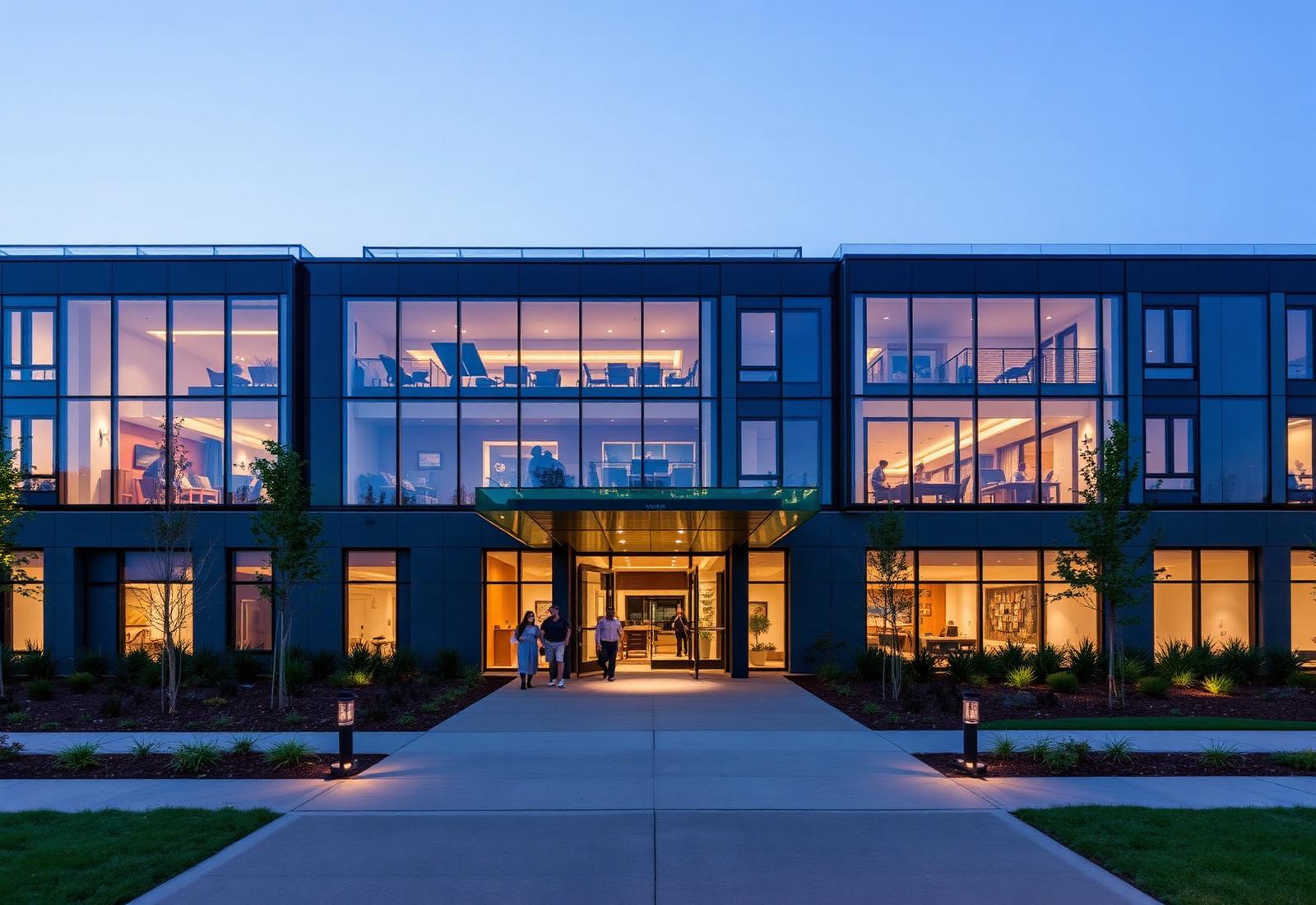 Featured luxury apartment community at blue hour